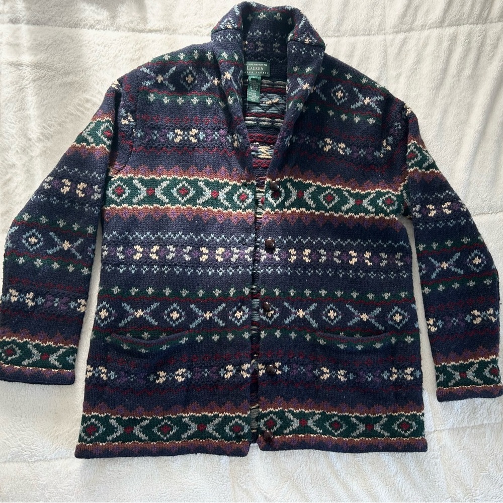 Vintage Lauren Ralph Lauren Hand-Knit Wool Fair Isle Shawl Cardigan